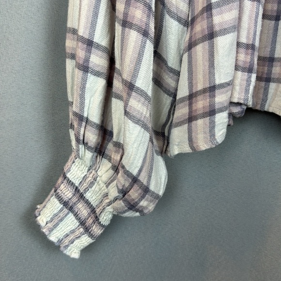 free People Plaid Ruffle Mock Neck Blouse- Sz Small - Picture 12 of 13